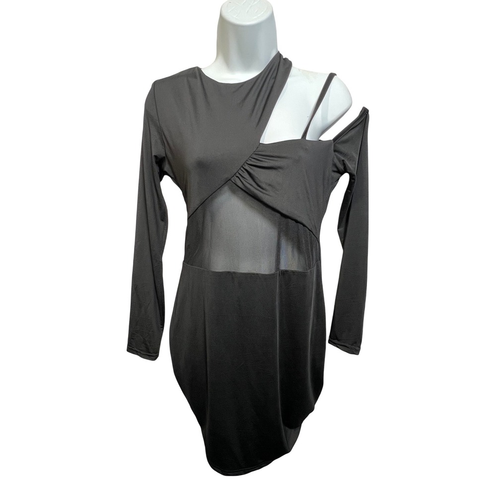 PrettyLittleThing Black Cutout Mesh Panel Long‎ Sleeve Mini Dress USA 8 NEW